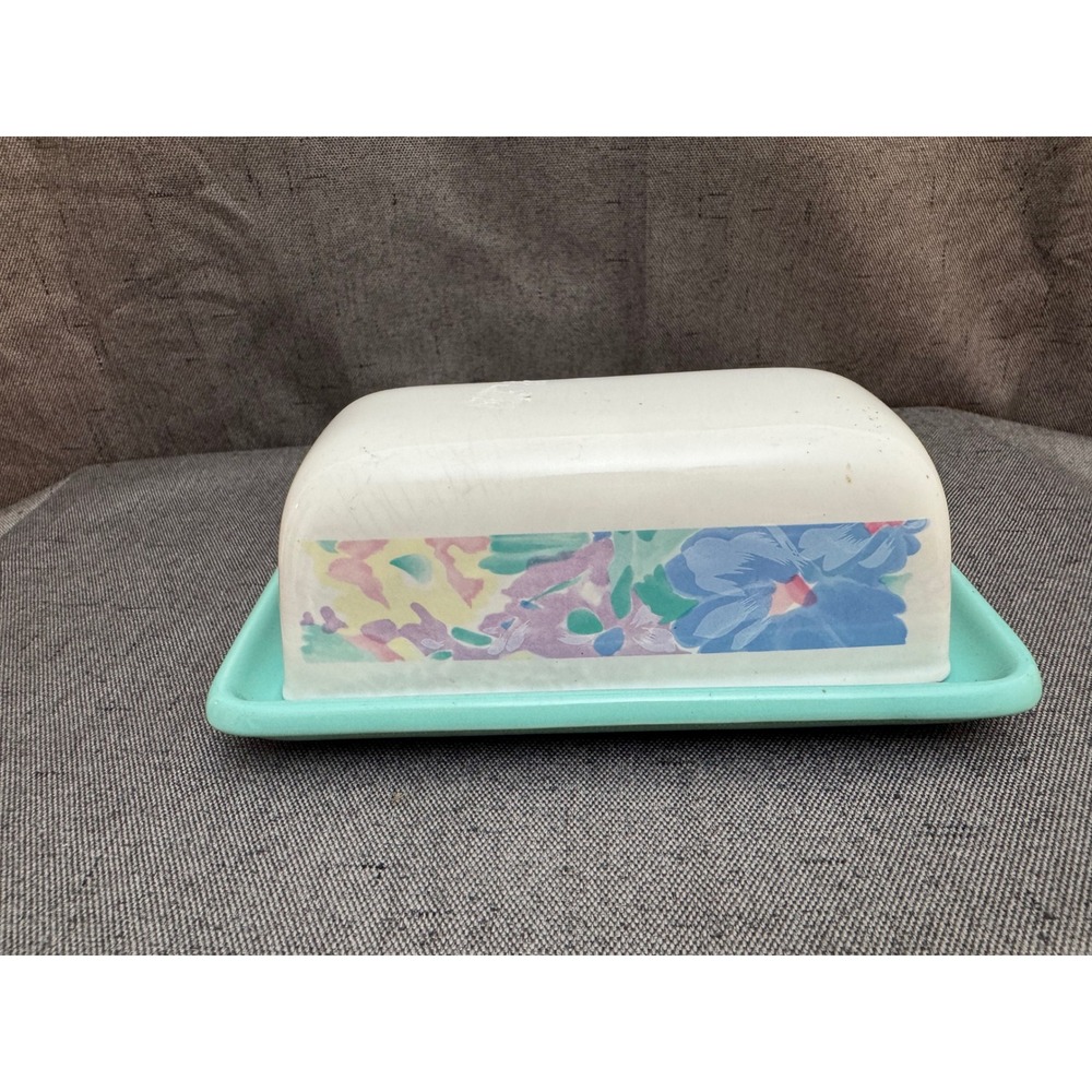 Vintage Ceramic Butter Dish Japan Pastel Blue, Purple, and Green Pattern